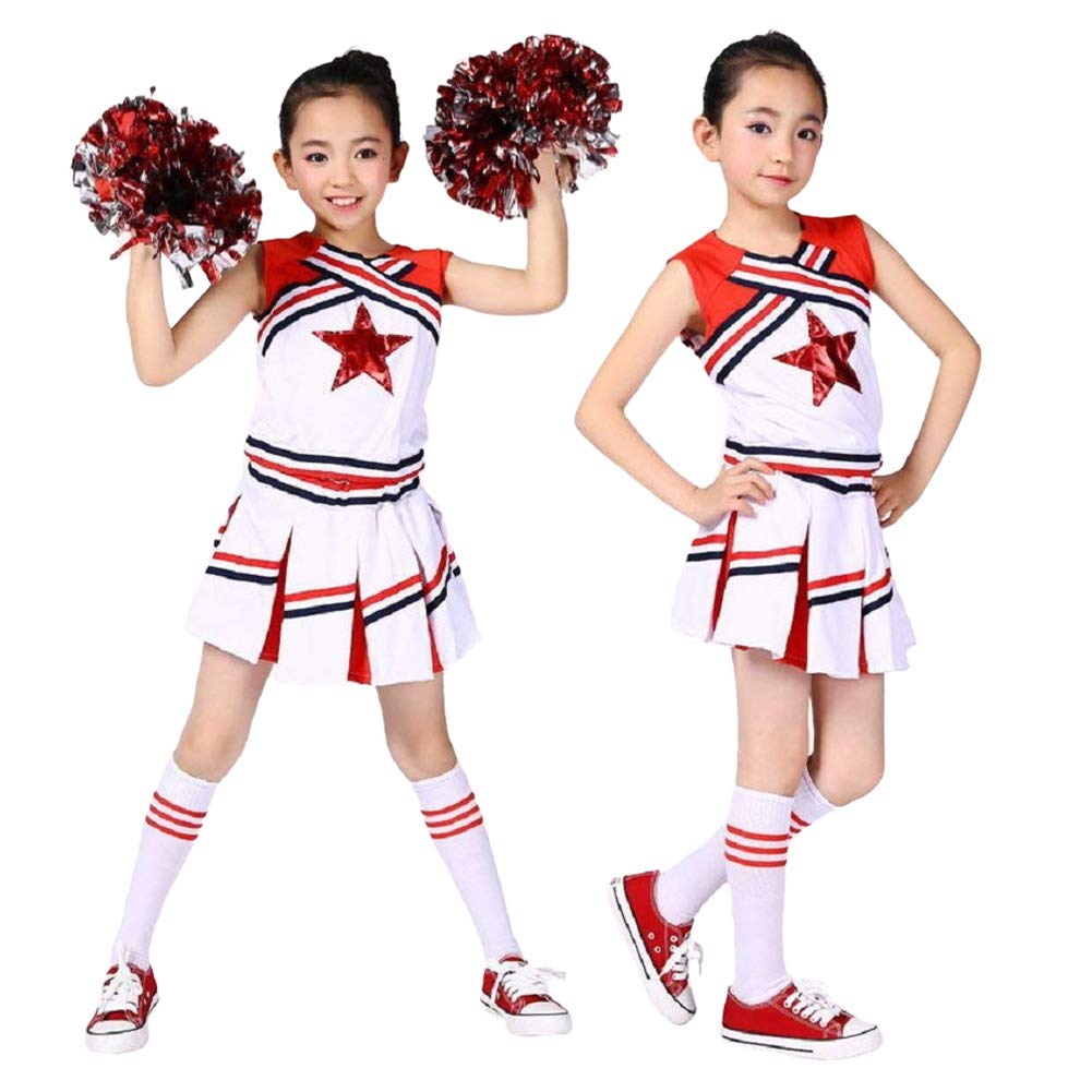 LOLANTA Girls' Cheerleading Costumes with Pompoms and Socks, Kids Halloween Fancy Dress Up, Cheerleader Outfit, Red, 4-5 Years, 110 - Image 3