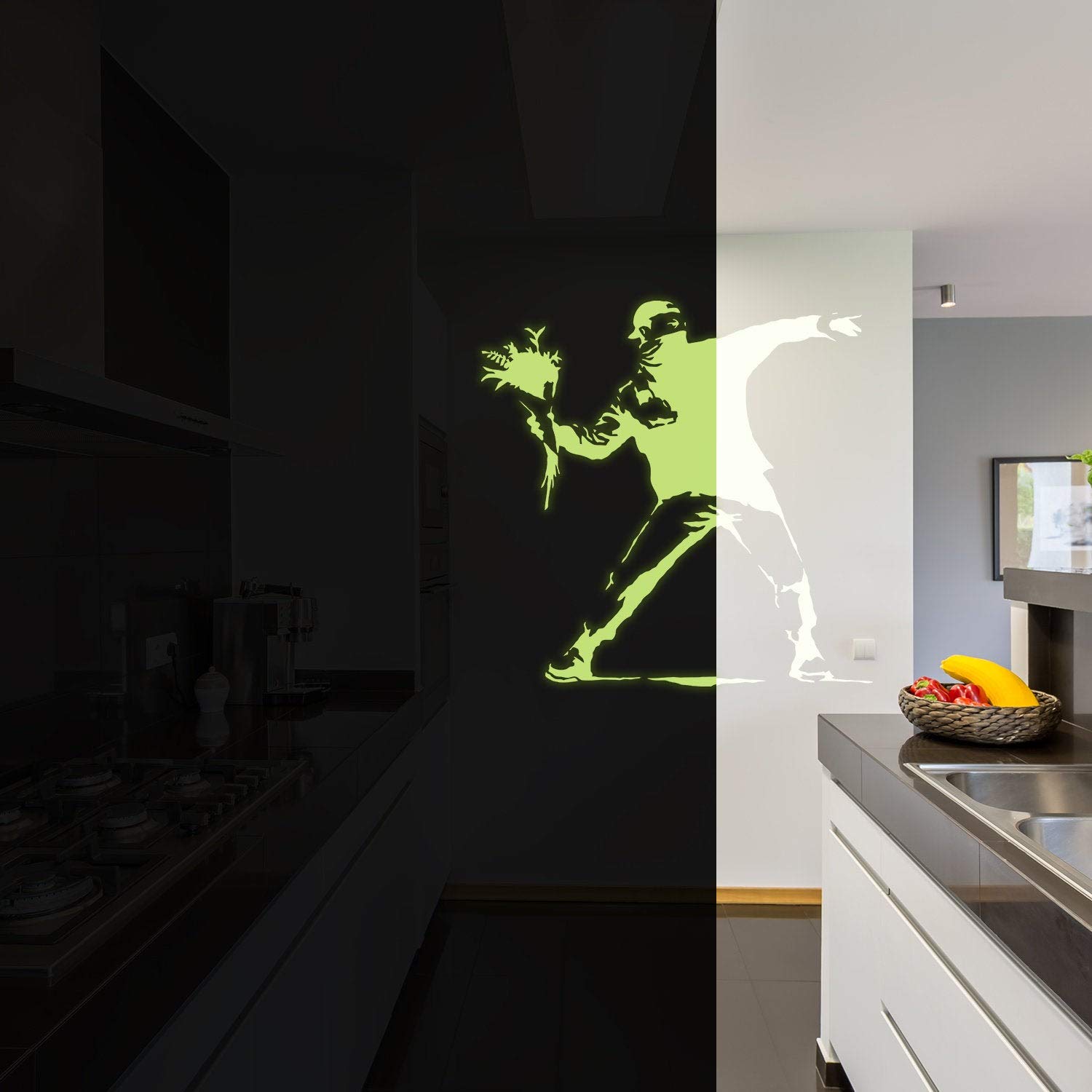 Glow In The Dark Wand Vinyl Sticker Art - Leuchtstoff Neon Nachtleuchtend Licht Aufkleber Kinderzimmer Stick - Banksy Flower Throw Me Wandaufkleber