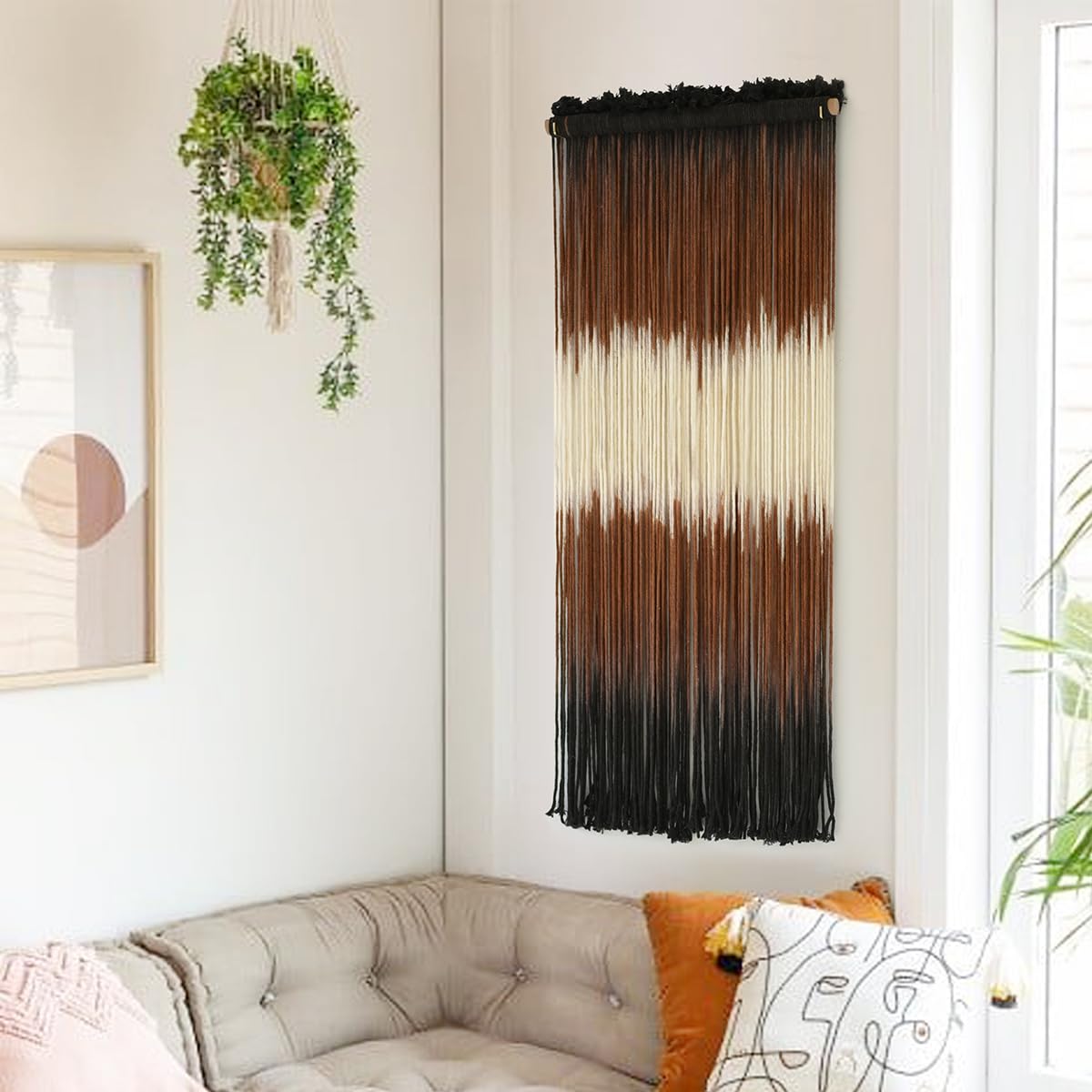 Tapiz de macramé para colgar en la pared, color marrón, bohemio, tejido a mano, con borlas, arte de pared para sala de estar, dormitorio, arte de fibra de 15 pulgadas de ancho x 43 pulgadas de largo 3