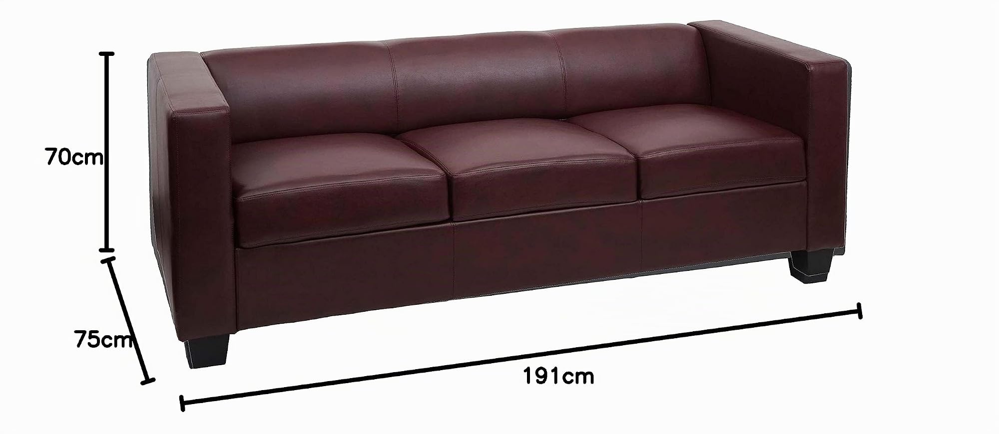 Mendler Divano Sofa 3 posti Lounge Moderno Elegante Serie Lille M65 75x191x70cm - Ecopelle Bordeaux