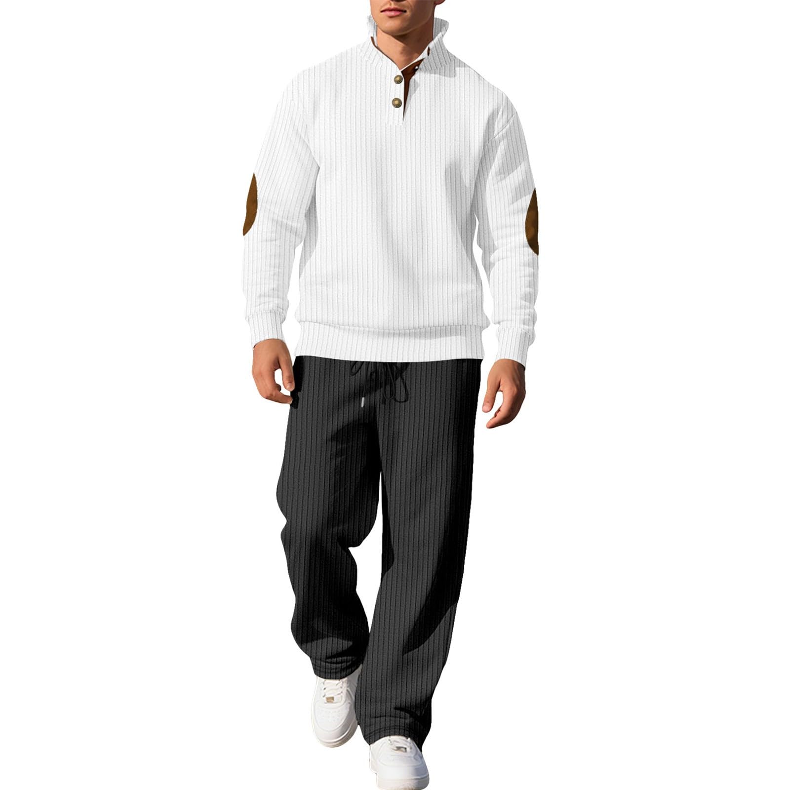 Conjunto de chándal para hombre, con botones a rayas, parches en los codos, pantalones deportivos de pierna recta con cordón, conjunto completo de 2 piezas, sudadera suelta y pantalones de chándal