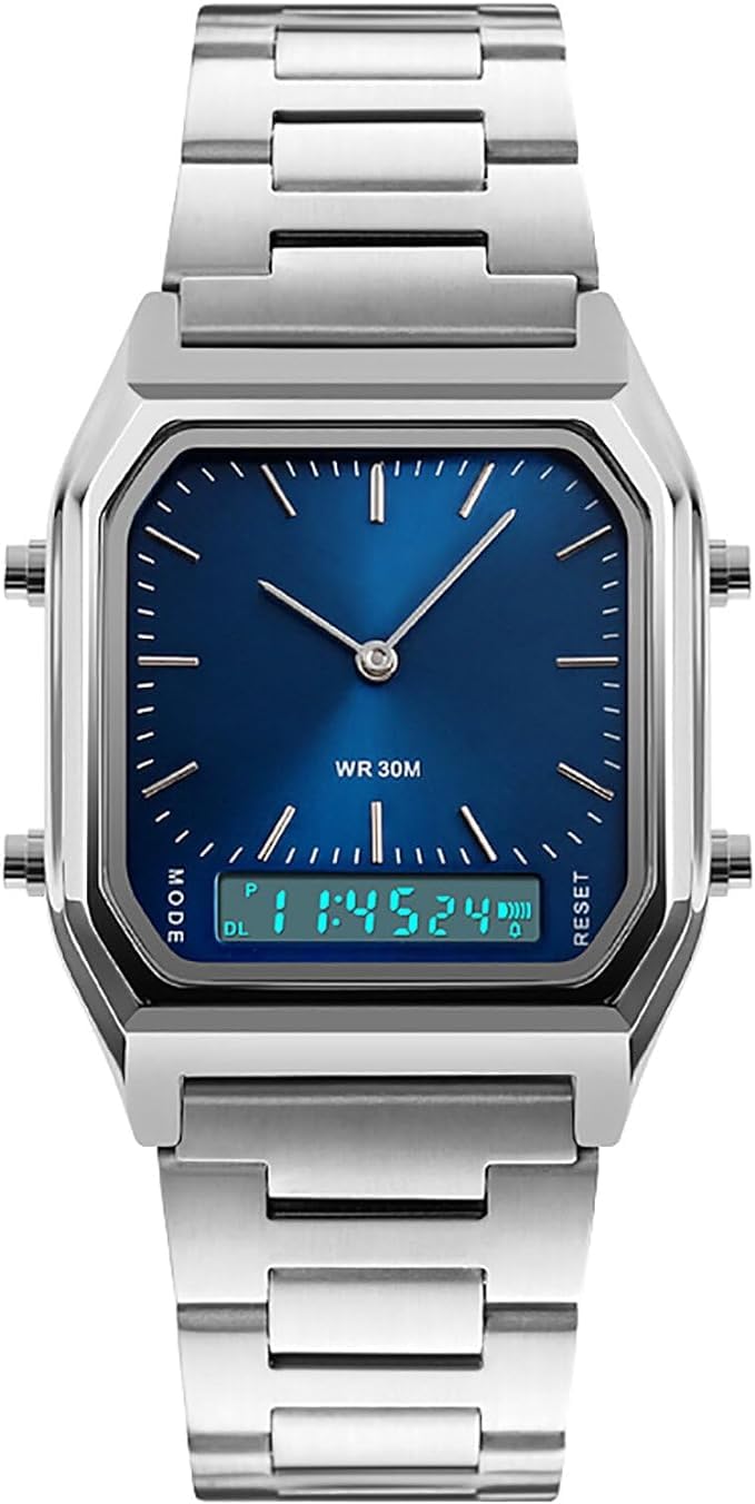 Tevimpeya Reloj de moda para hombre, correa de acero inoxidable, resistente al agua hasta 30 m, digital y analógico, color azul plateado