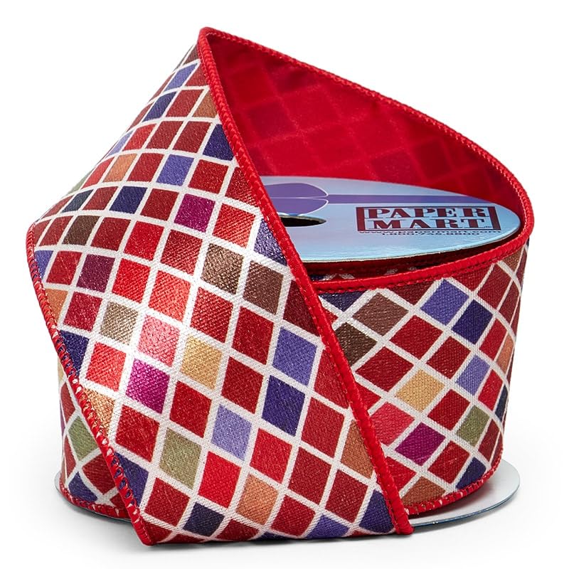Paper Mart 2 1/2" X 10 Yards Multicolor Harlequin Polyester Wired Ribbon - Classic Geometric Pattern for Birthday, Christmas, Wedding Occasions