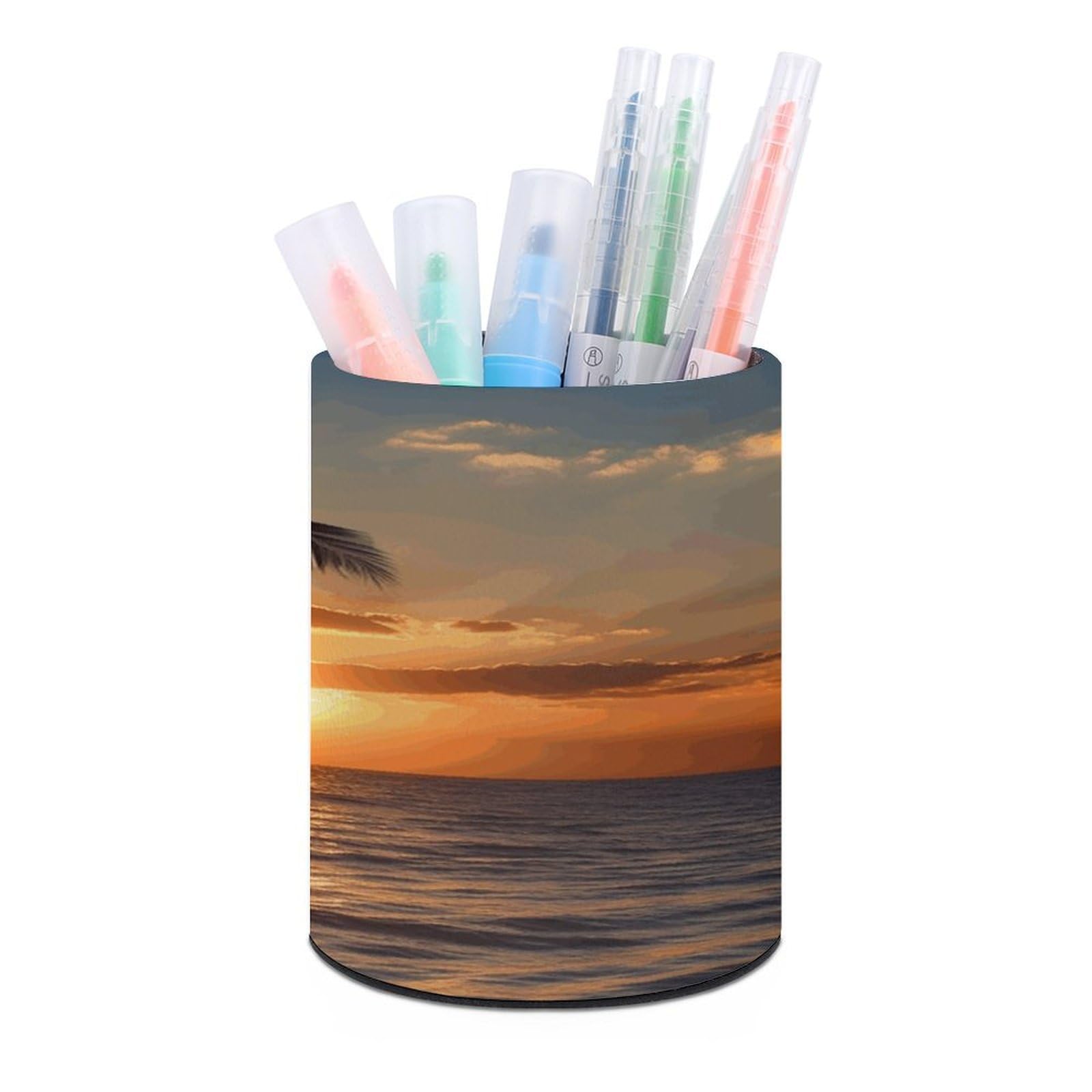 Sunset Palm Tree Ocean Pen Holder Multi-Functional Round Pencil Holder Cute Office Decoration Pen Cups Simple Design PU Leather Paintbrush Cups for Home Office Desk