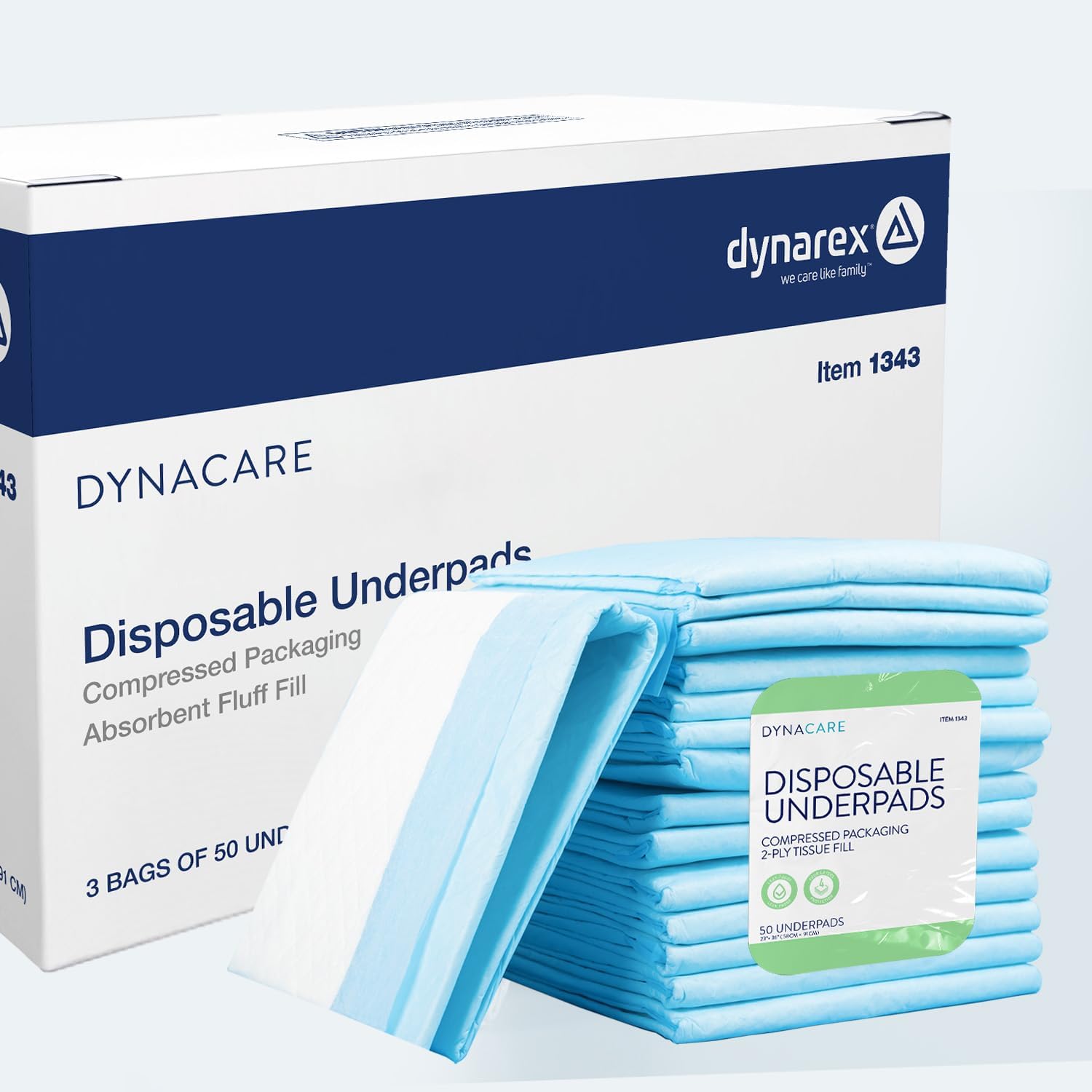 Dynarex Disposable Underpads, Medical-Grade Incontinence Bed Pads to Protect Sheets and Mattresses, 23”x36” (45g), 1 Case of 150 Pads (3 Boxes of 50)