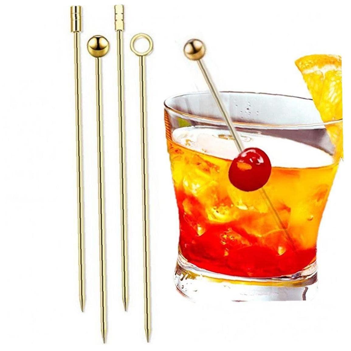 ST4U Cocktail Picks 4pcs Stainless Steel Toothpicks Fruit Sticks Martini Olive Skewers Reusable Metal Drinks Skewers Garnish Sticks, Gold, 4.33 inch