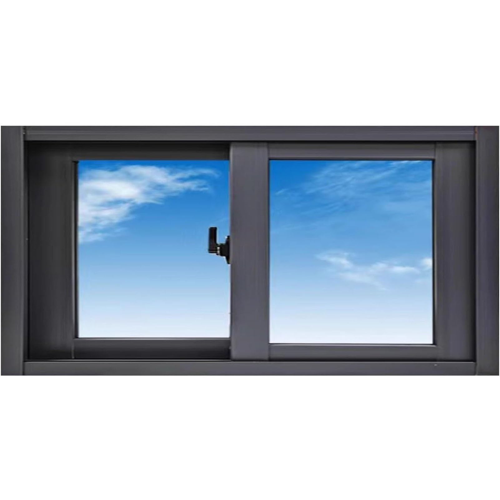 Ventana pequeña con bloqueo seguro y perfil negro horizontal para cochera o almacén exterior