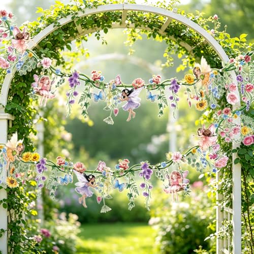 SUNBEAUTY 2 Stück PET Blumen Girlande Wildblume feen Geburtstag Deko Wiederverwendbare wasserfeste Blumengirlande in Farben Banner für Babyzimmer Gartenparty Frühling Sommerdeko Kindergeburtstage