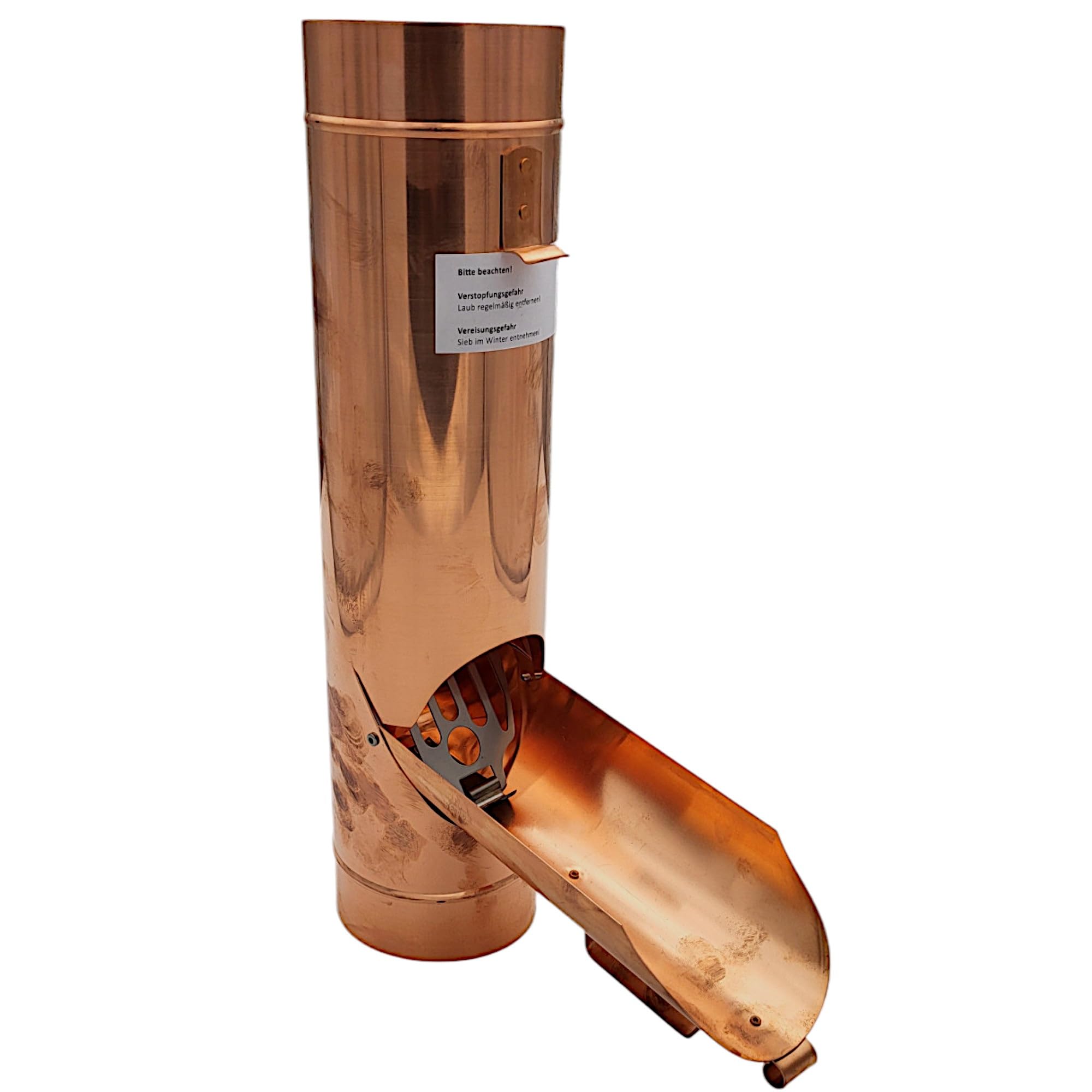 zbs24 Regenrohrklappe 100mm in Kupfer mit Laubsieb, konische Bauform für einen mühelosen Einbau