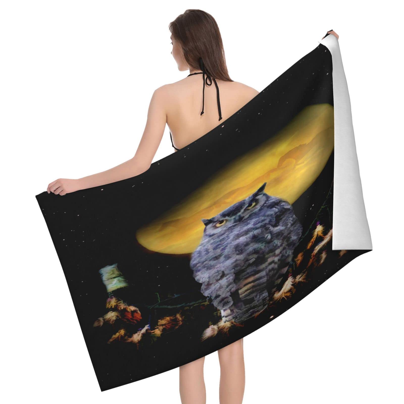 Lawenp Owl and Moon Beach Towel, Lightweight Sand Free Quick Dry Microfiber Absorbent Bath Towel for Kids, Adults, Swimming, Bath, Yoga, Pool, Travel, Camping 32"X52"
