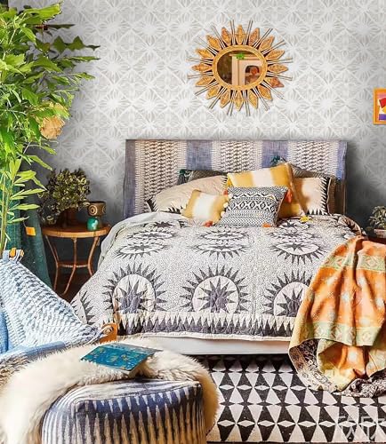 Fiula Geometric Peel and Stick Wallpaper Boho wallpaper393 \"x16.1\" White and Gray Wallpaper White Contact Paper Removable Wallpaper for Bedroom Waterproof Removable Shelf Liner Decal Vinyl Roll - Thumbnail 2