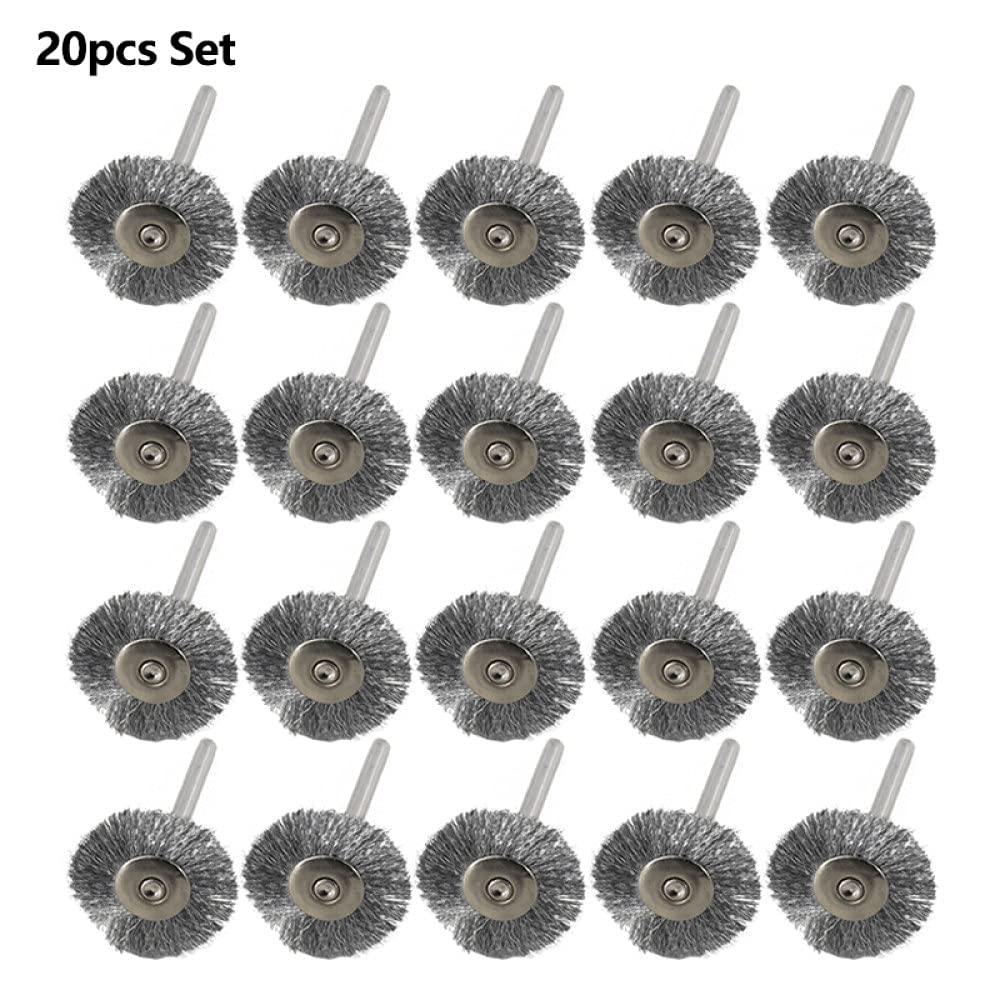 20 sztuk 22mm zestaw szczotek z drutu stalowego do polerowania metalu 3.0mm szczotka obrotowa z trzpieniem do narzędzia obrotowego Dremel narzędzie do polerowania, 20 sztuk stali