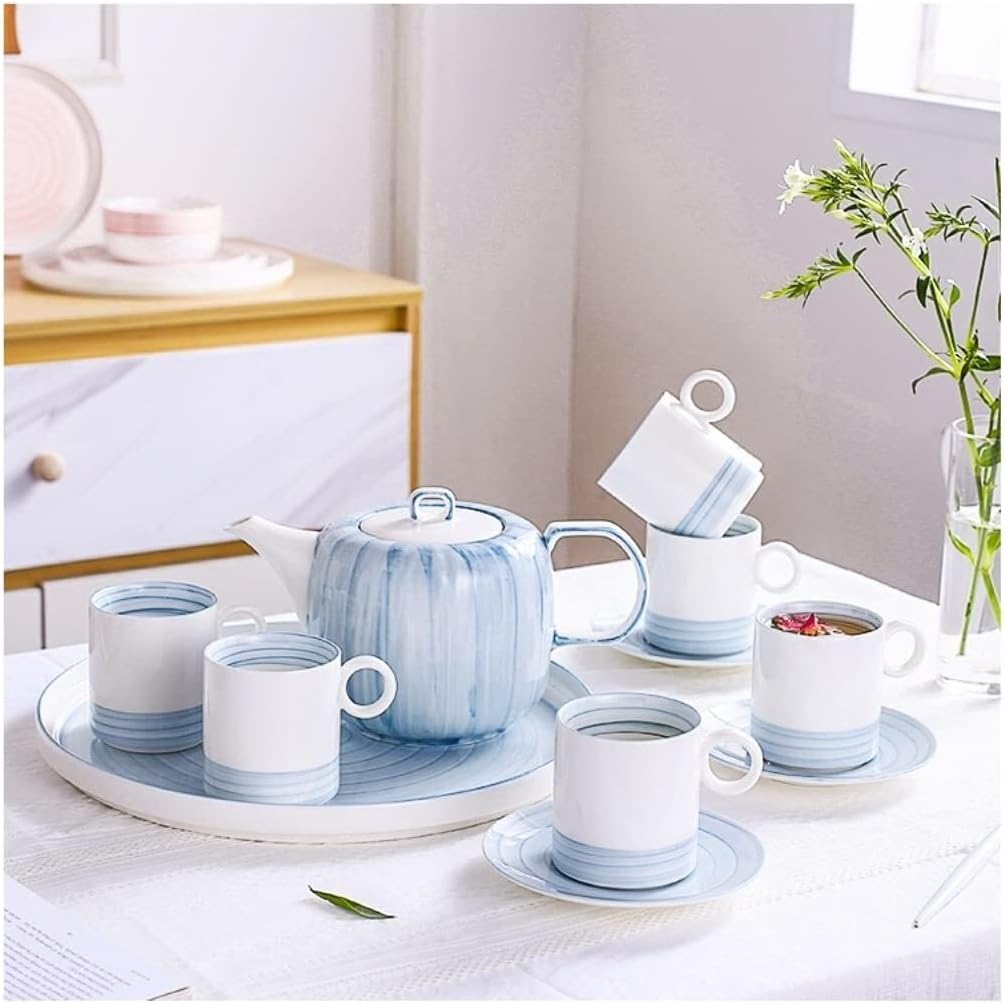 14pcs Blue Ceramic Tea Set with Teapot, Cups, Saucers & Tray – Japanese Style Afternoon Tea(10pcs)