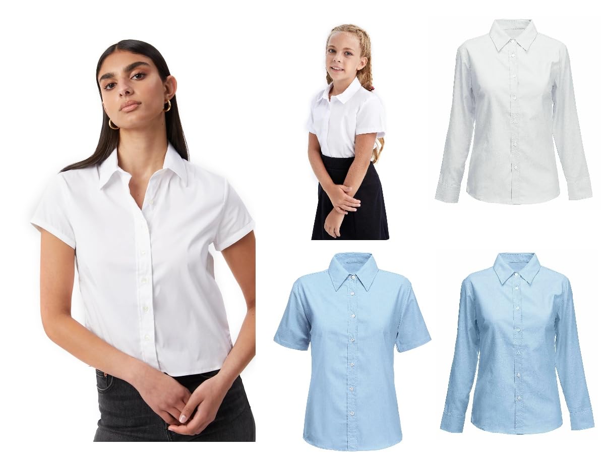 L S U Camisas escolares para niñas, color blanco y azul, blusa de manga larga y corta