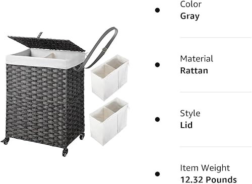 Miniatura 9 de GREENSTELL Cesta de lavandería con ruedas, no necesita instalación, cestas tejidas a mano divididas de 90 litros y 2 bolsas extraíbles con forro,