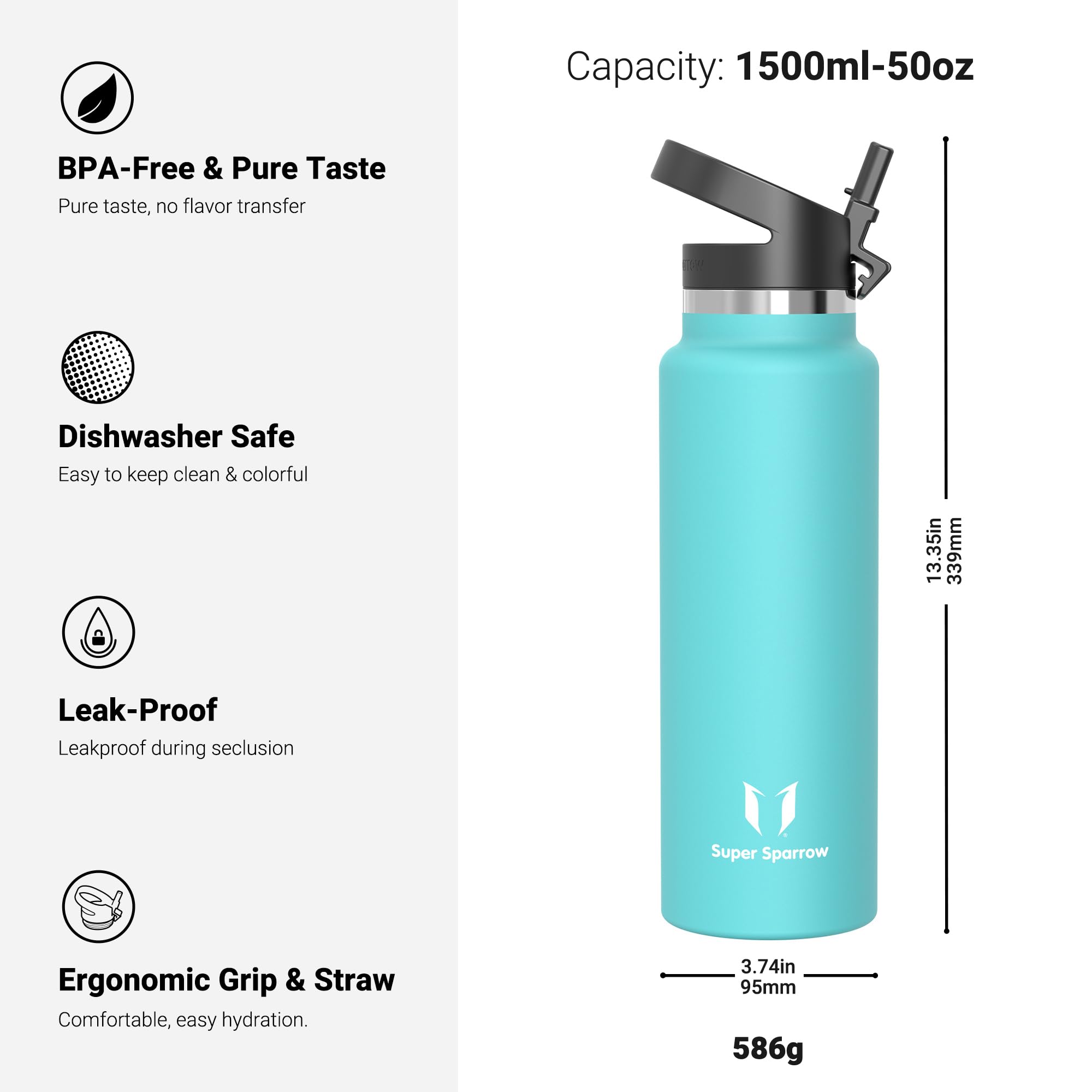 Super Sparrow Water Bottle Insulated - 500ml, 750ml, 1000ml, 1.2L, 1.5L - Wide Mouth Metal Bottle - SwivelSip Flask - BPA Free, Leak Proof - Ergonomic Straw Water Bottles for Gym, Travel, Sports - 4