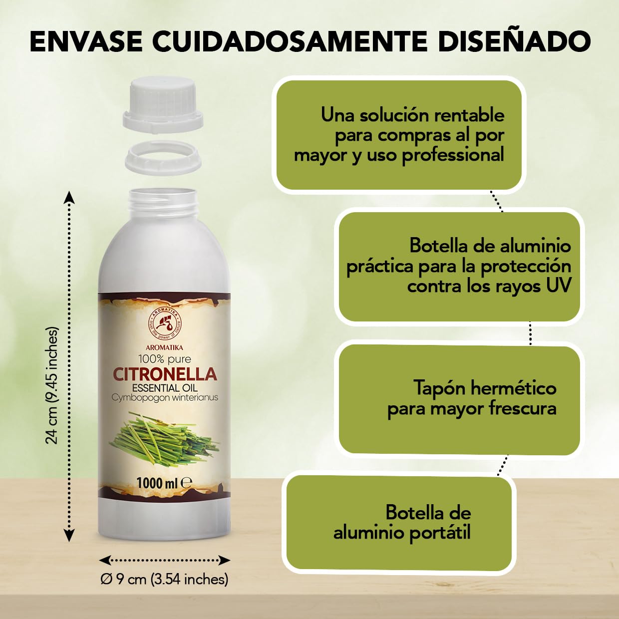 Aceite Esencial de Citronela 1000 ml - Cymbopogon Winterianus - Natural y Puro - Aceites Esenciales para Difusores - Fragancias para el Hogar - Jabones y Velas - Sauna - Aroma fresco - Aromaterapia