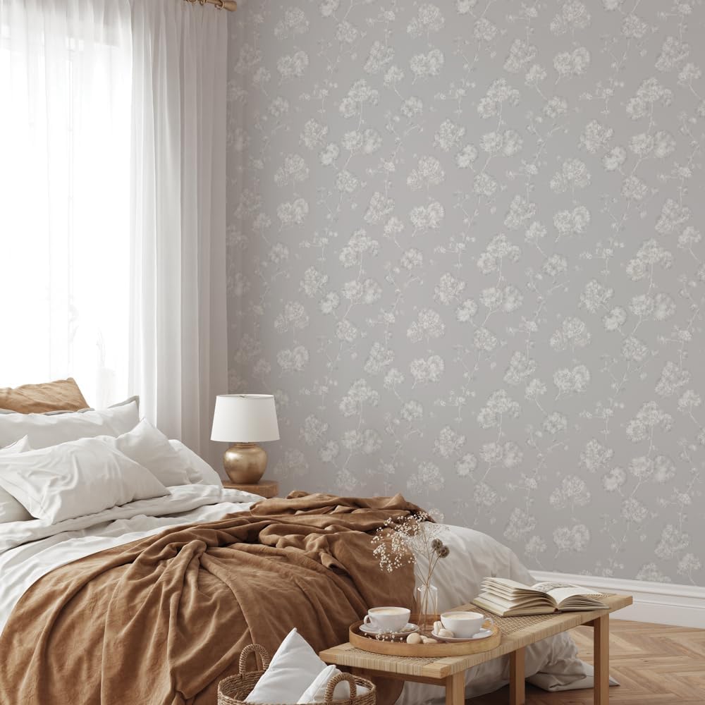 Tempaper Powder Grey Sun-Bleached Floral Removable Peel and Stick Wallpaper, 20.5 in X 16.5 ft, Made in The USA