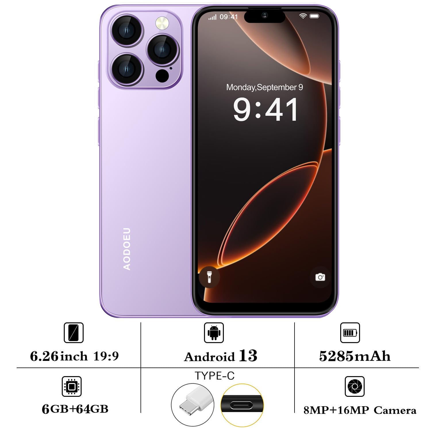 AODOEU Telephone Portable Pas Cher Android 14-6 Go +128Go/TF 1To Smartphone Pas Cher, 6,56" HD+, 21MP+8MP, Smartphone Débloqué, Téléphone 4G Dual SIM/GPS/Face ID/OTG-Bleu-Violet