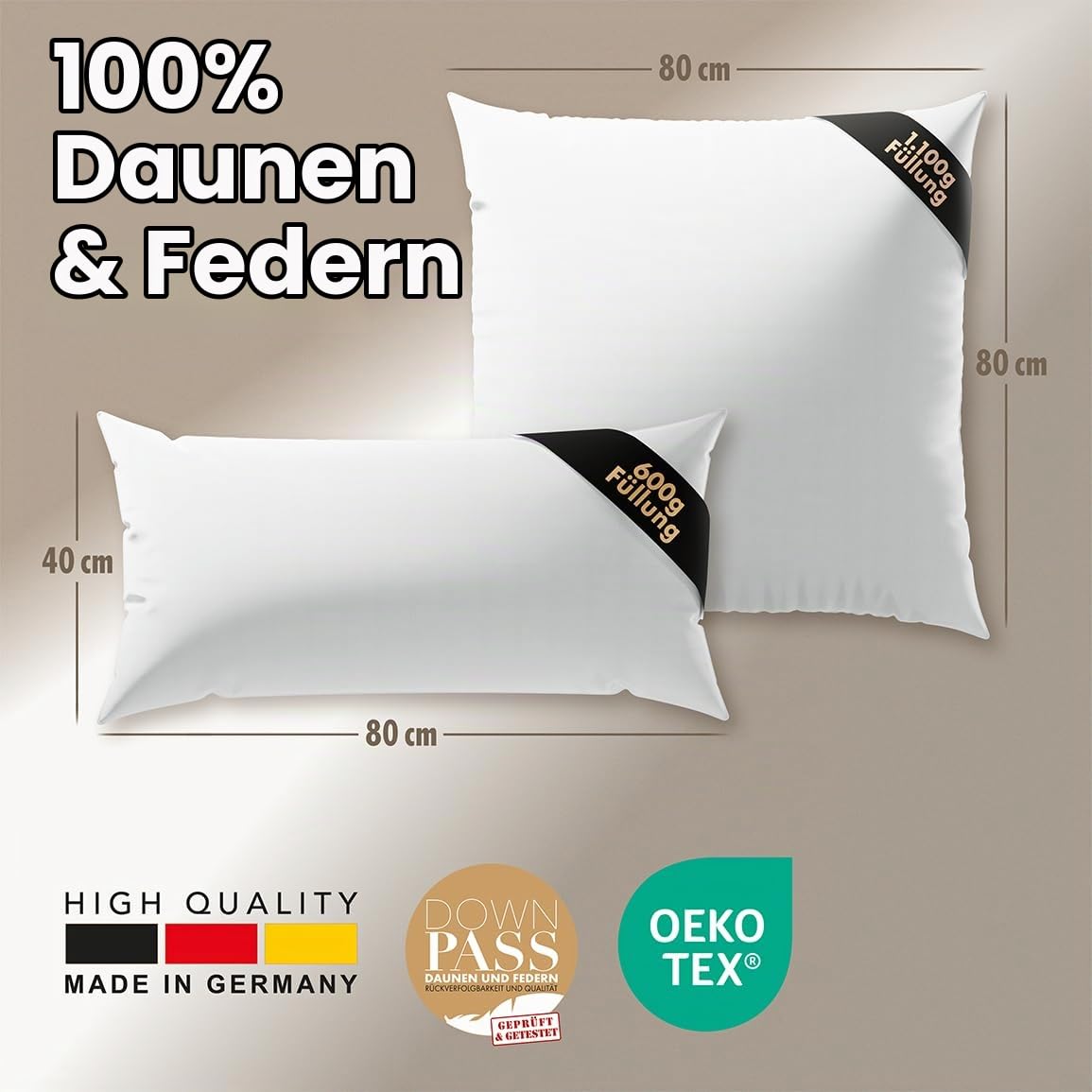 LILENO HOME 3-Kammer Daunenkissen 40x80 (2er Set) - Allergiker geeignet - Baumwoll Kissen 40x80 mit Federn & Daunen Füllung - langlebig & atmungsaktives Kopfkissen 40x80 Daunen u. Federfüllung