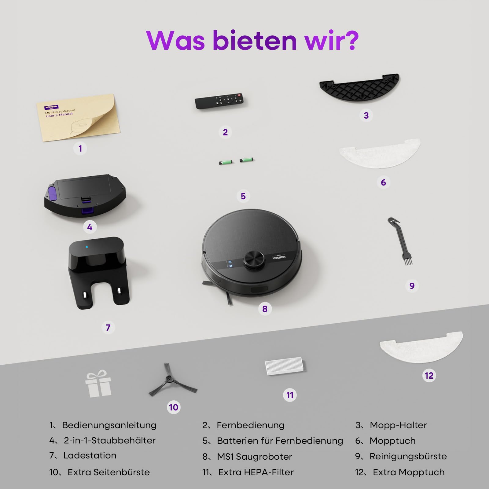 MONSGA Saugroboter mit Wischfunktion,5000Pa Saugkraft,180Min Laufzeit,Anti-Tangle-System,LiDAR Navigation, Staubsauger Roboter für Teppich, Tierhaare, APP & Fernbedienung Steuerung (Schwarz)