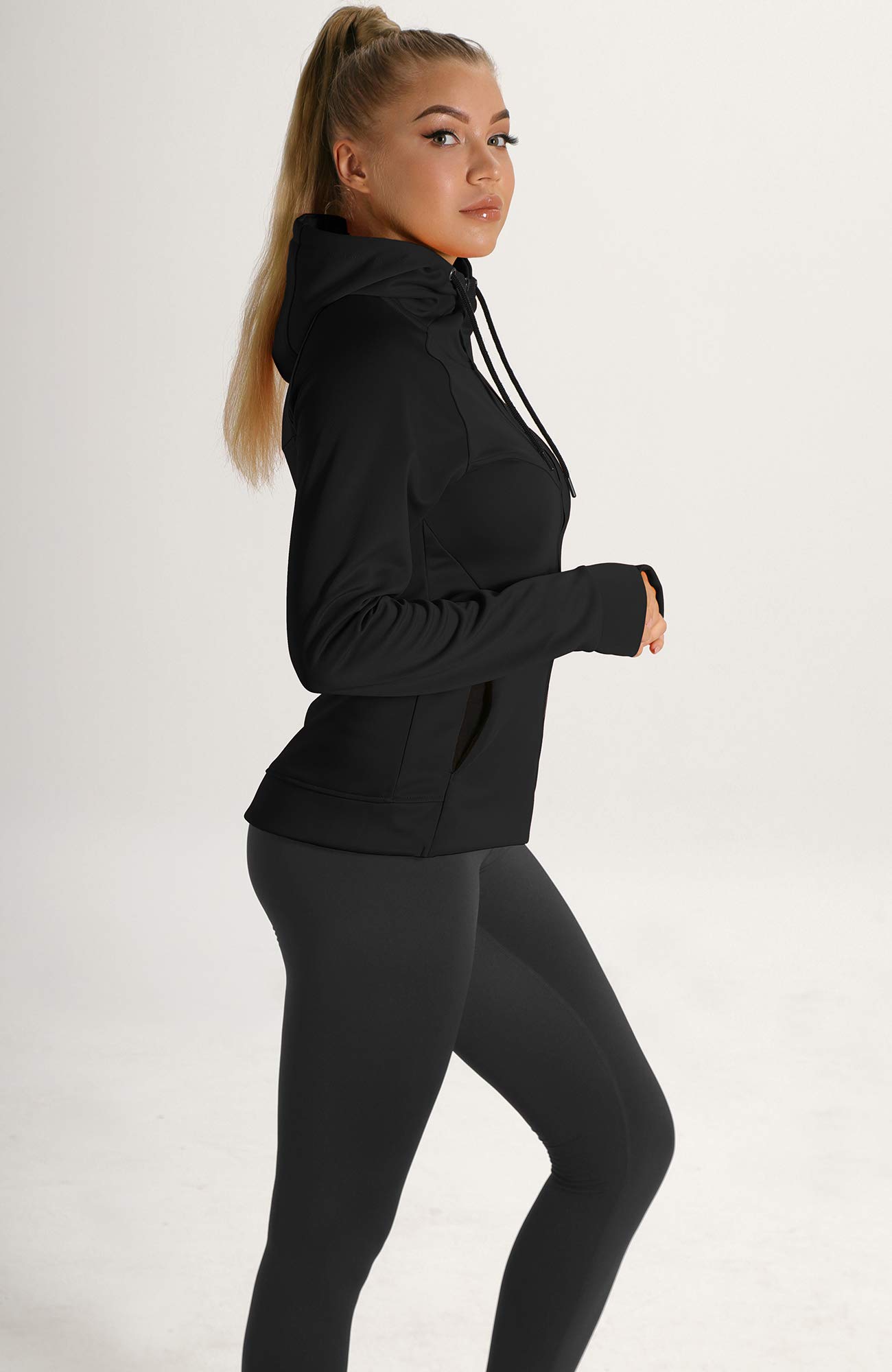 icyzone Giacca Sportiva Donna con Cappuccio,Felpa Termica con Zip e Fori per i Pollici - 4