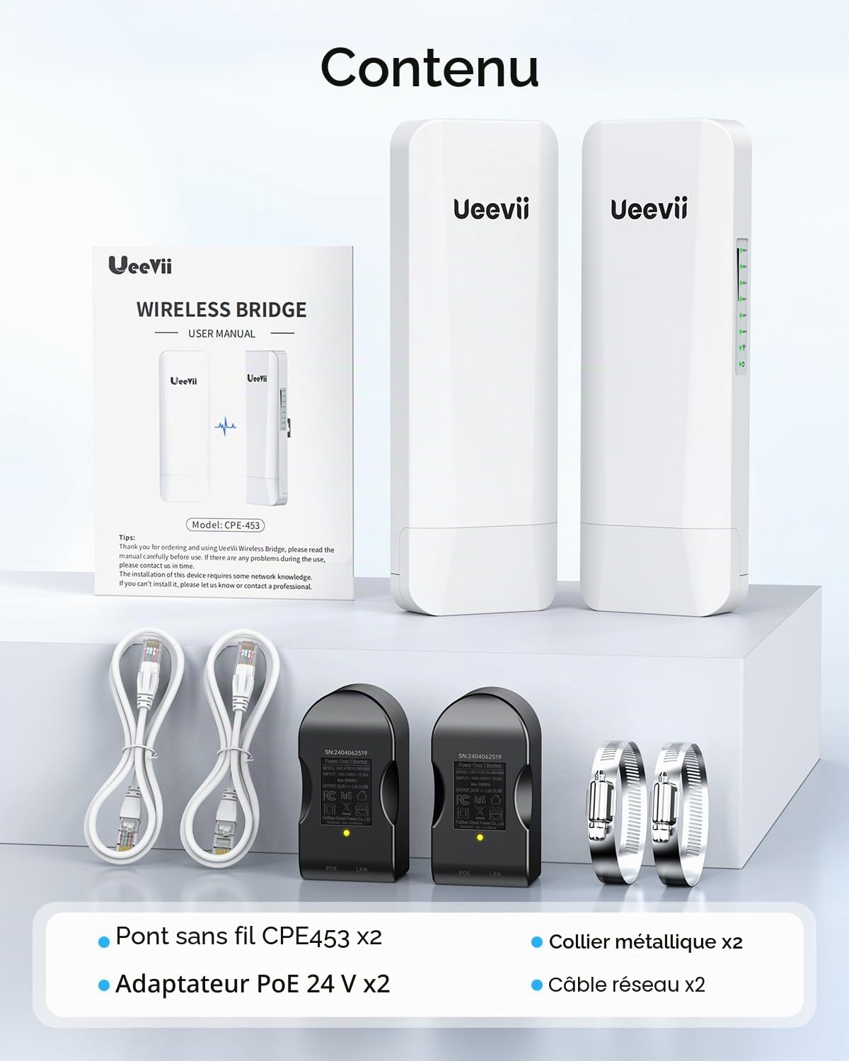 UeeVii Lot de 2 ponts sans Fil 5,8 G, Longue portée 3 km, Adaptateur PoE 24 V, 2 Ports RJ45 pour Internet étendu vers Le bâtiment Suivant