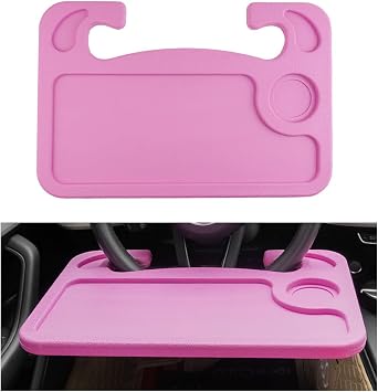 Car Steering Wheel Desk, 2 in 1 Auto Steering Wheel Tray for Food & Laptop, Multipurpose Vehicle Steering Wheel Table with Cup Holder and Pen Slot, Travel Car Accessories Pink