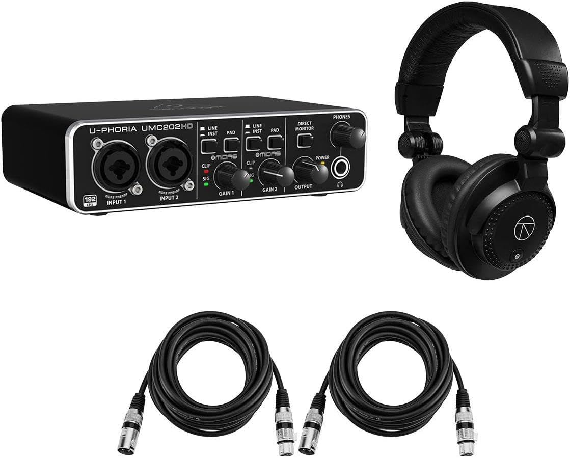 Behringer U-Phoria UMC202HD USB Audio Interface – USB 2.0 Audio Interface USB Audio Interface Bundle with Studio Monitor Headphones Headphones and 2x 15′ XLR Cables (4 Items) Behringer U-Phoria UMC202HD USB Audio Interface – USB 2.0 Audio Interface USB Audio Interface Bundle with Studio Monitor Headphones Headphones and 2x 15′ XLR Cables (4 Items)