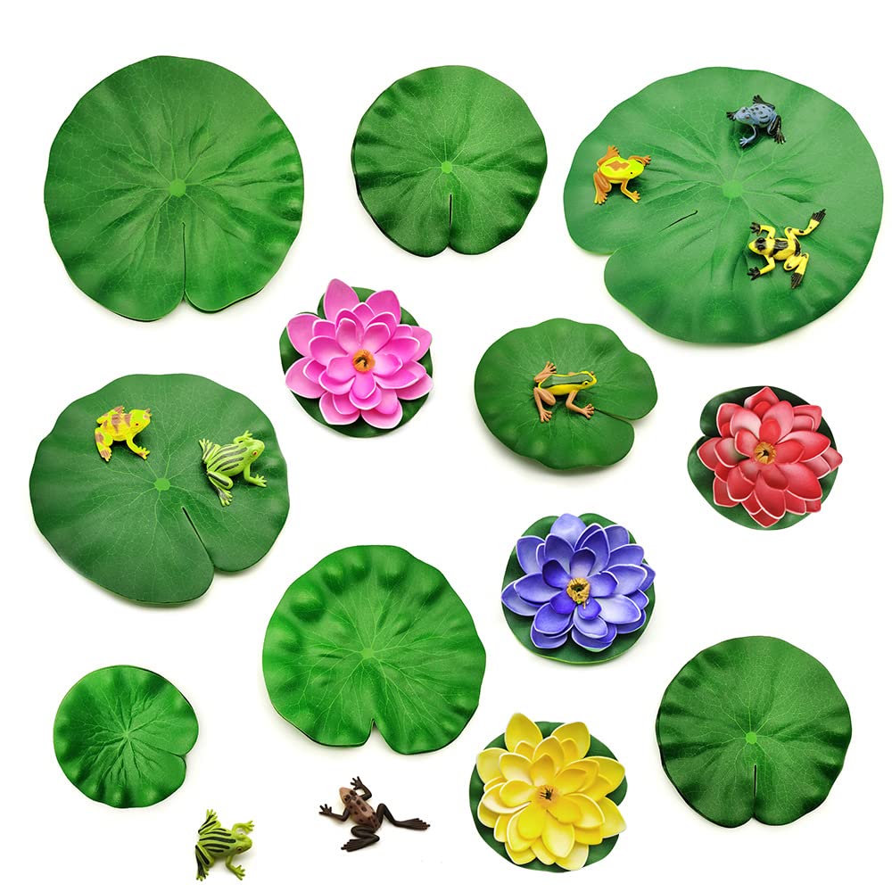 GOIYZTTR 24Pcs Floating Pond Plants Set, Realistic Lily Pads Artificial Frog Lotus Leaves and Foam Lotus Flowers Floating Lotus for Pond Pool Crafts Decoration