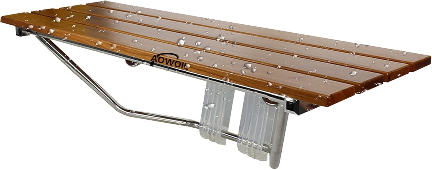 36" Folding Teak Shower Seat Wall Mounted, Fold Down Shower
