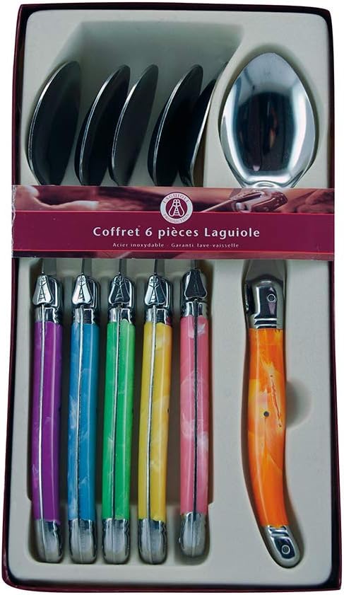 Laguiole Production - Box of 6 Multicoloured Soup Spoons - 6 Stainless Steel Tablespoons - Tableware Set - ABS Handles - Presentation Gift Box