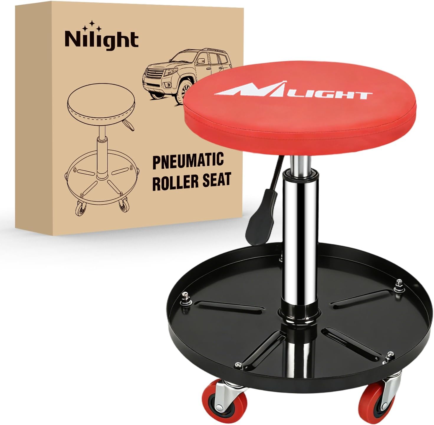 Nilight Rolling Mechanic Stool 330 LBS Pneumatic Adjustable 360° Swivel Casters Steel Tool Tray Waterproof PU Seat for Garage Auto Repair Shop Workshop Warehouse