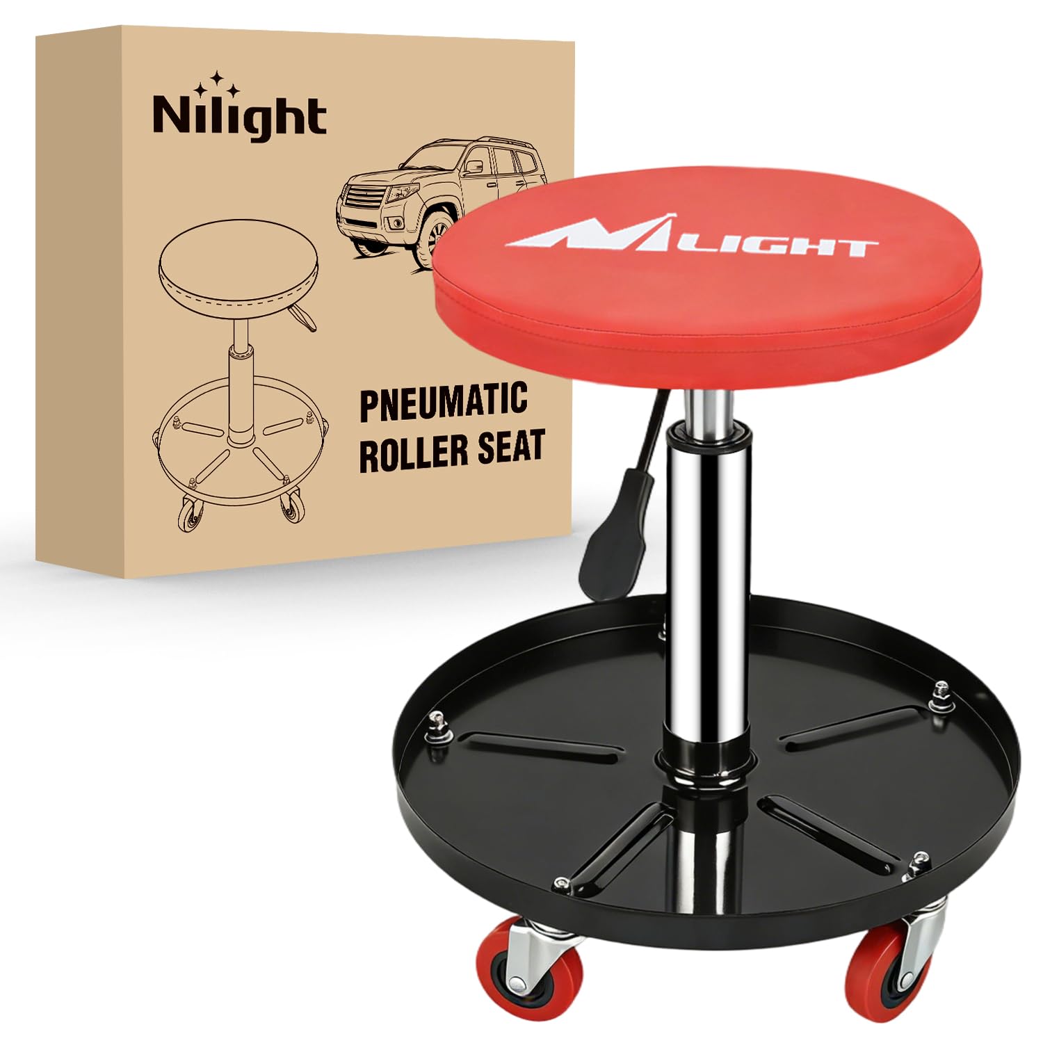 Nilight Rolling Mechanic Stool 330LBS Pneumatic Adjustable Swivel PU Seat