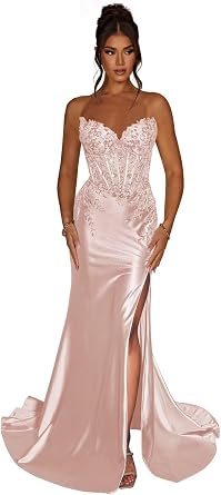 Strapless Mermaid Prom Dresses with Slit Lace Applique Satin Long Formal Evening Party Gowns for Women 1002