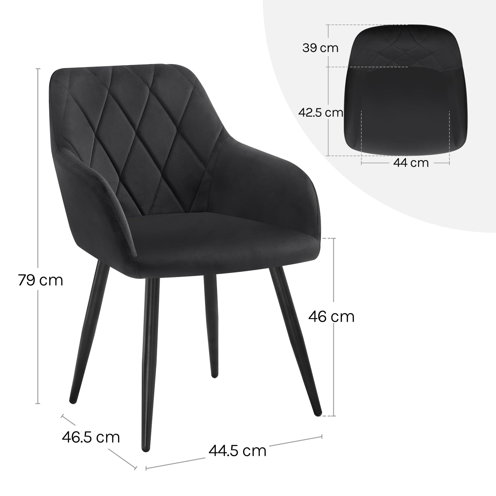 WOLTU Set di 6 Sedie per Sala da Pranzo Imbottita, Poltroncina in Velluto,Sedia da Cucina con Braccioli e Schienale, Gambe in Metallo, Nero,