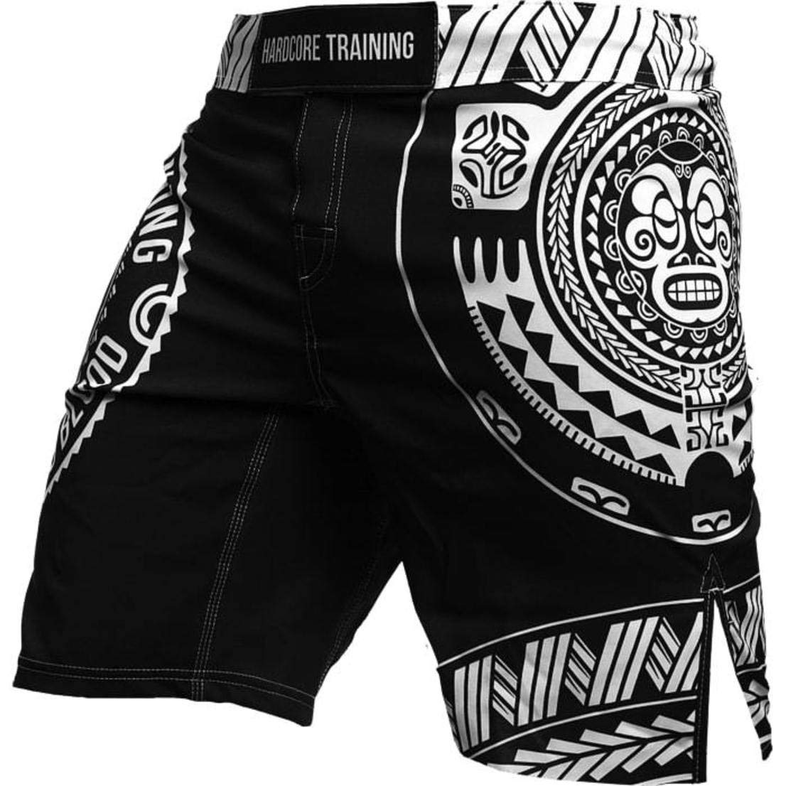 Hardcore Training Fight Shorts Boks Męski Szorty do Walki MMA Combat BJJ Grappling Fitness Muay Thai Kickboxing No Gi (DE/NL/SE/PL, Alfa, XXL, Regularny, Regularny, Czarny Biały/Biały)