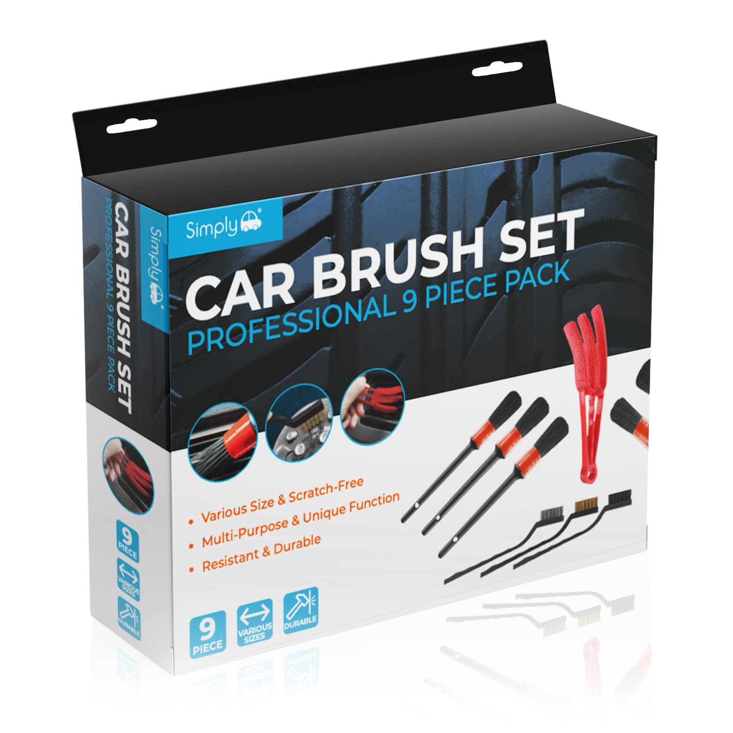 Simply - 9 Piece Car Brush Set |Boar Hair Brushes |Wire Brushes |Air Vent Brush