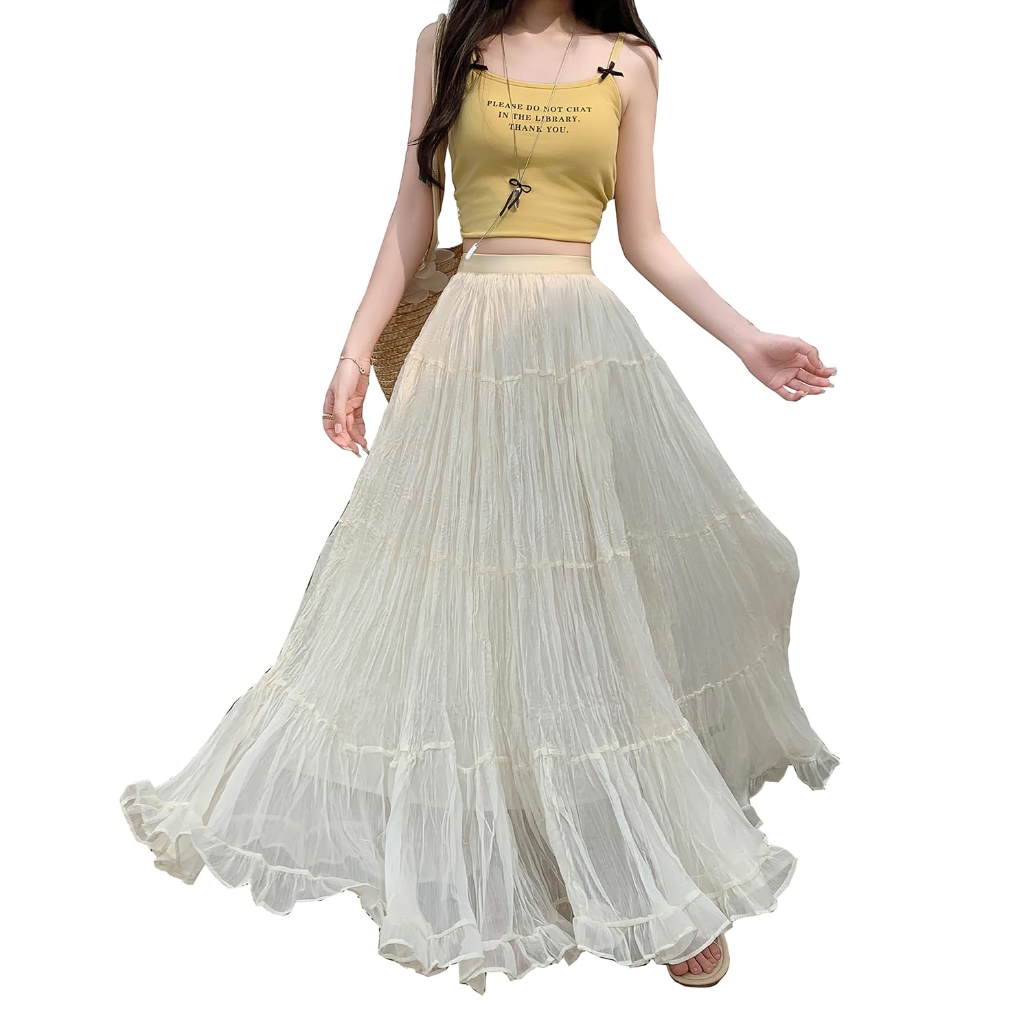 Gonna Lunga Carina Donna Vita Alta A Linea Fluida Pieghettato Vita Elastica Estate Boho Maxi Gonne Solida Colore Skirt