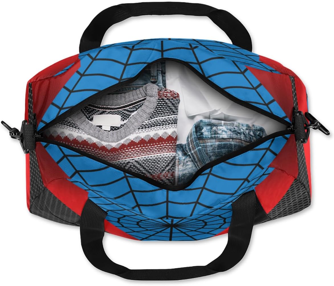 Gym Travel Duffle Bag for Boys - Blue Red Spider Web Kids Overnighter Weekend Bag with Front Zipper Pocket for School Practice, Teens Carry-On Size Sleepover Bags - Image 5