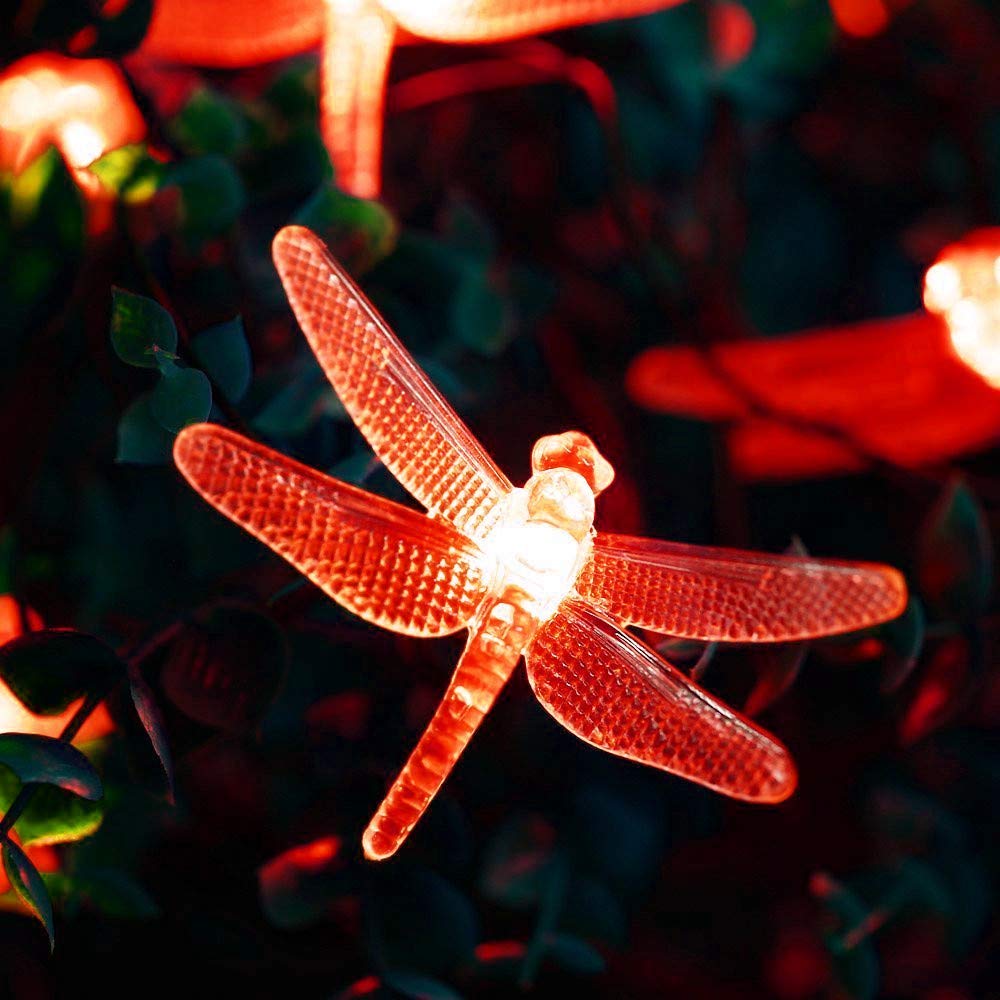 Tty Red Solar Dragonfly String Lights,5M 20Led Solar Outdoor Light String With 8 Mode Waterproof Fairy Lights Decorative Lighting For Indoor/Outdoor Home (Red)