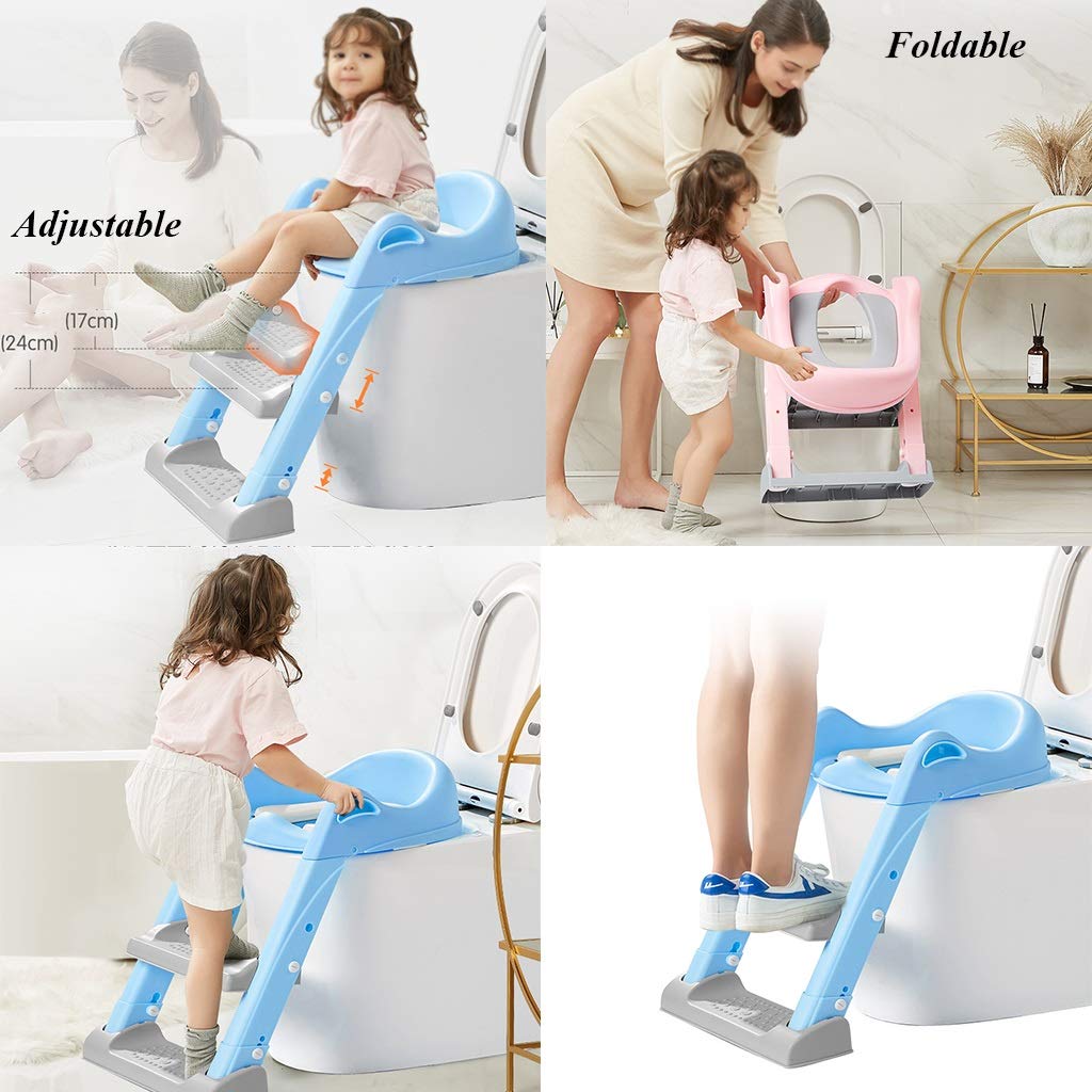 Toilette Töpfchen mit Trittleiter, Ergonomie Sicher Robust Anti-Rutsch Töpfchentrainer Mit Weich Sitzbezug Einstellbar Falten Fußbank Zum Bad Unisex-Kleinkind