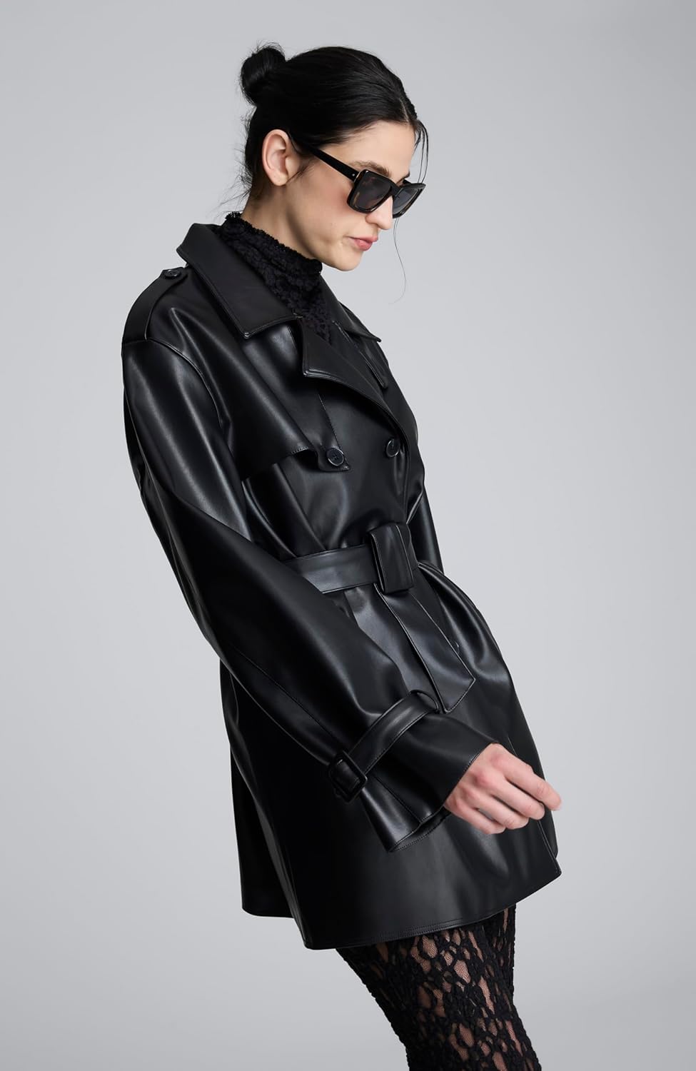 Kenneth Cole Women's Faux Leather Double Breasted Trench Coat