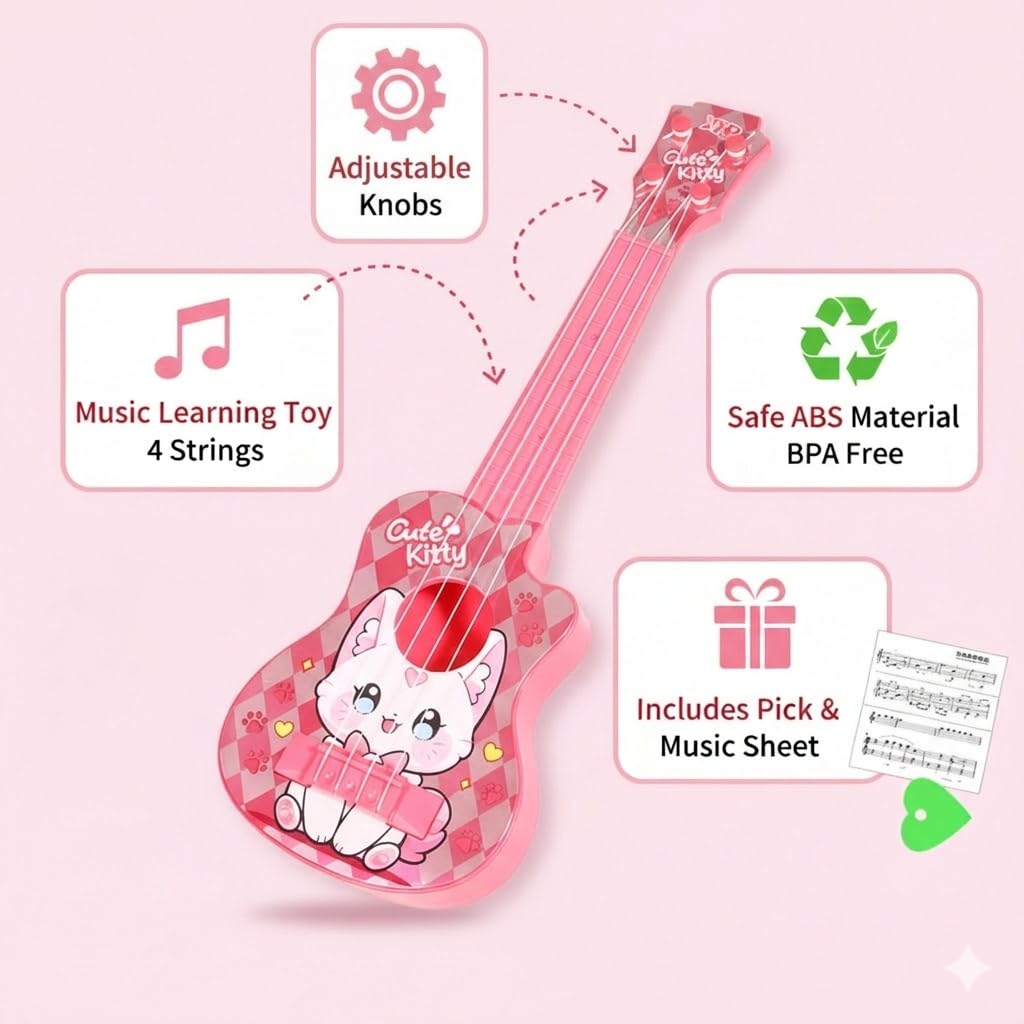 LeeQee Kinder-Ukulelen-Gitarre für Kleinkinder 3–6, 43,2 cm, Pink Kitty Spielzeuggitarre | 4 weiche Nylonsaiten mit Plektren, einfach für kleine Hände, Anfänger Musikinstrument für Vorschuljungen und Mädchen