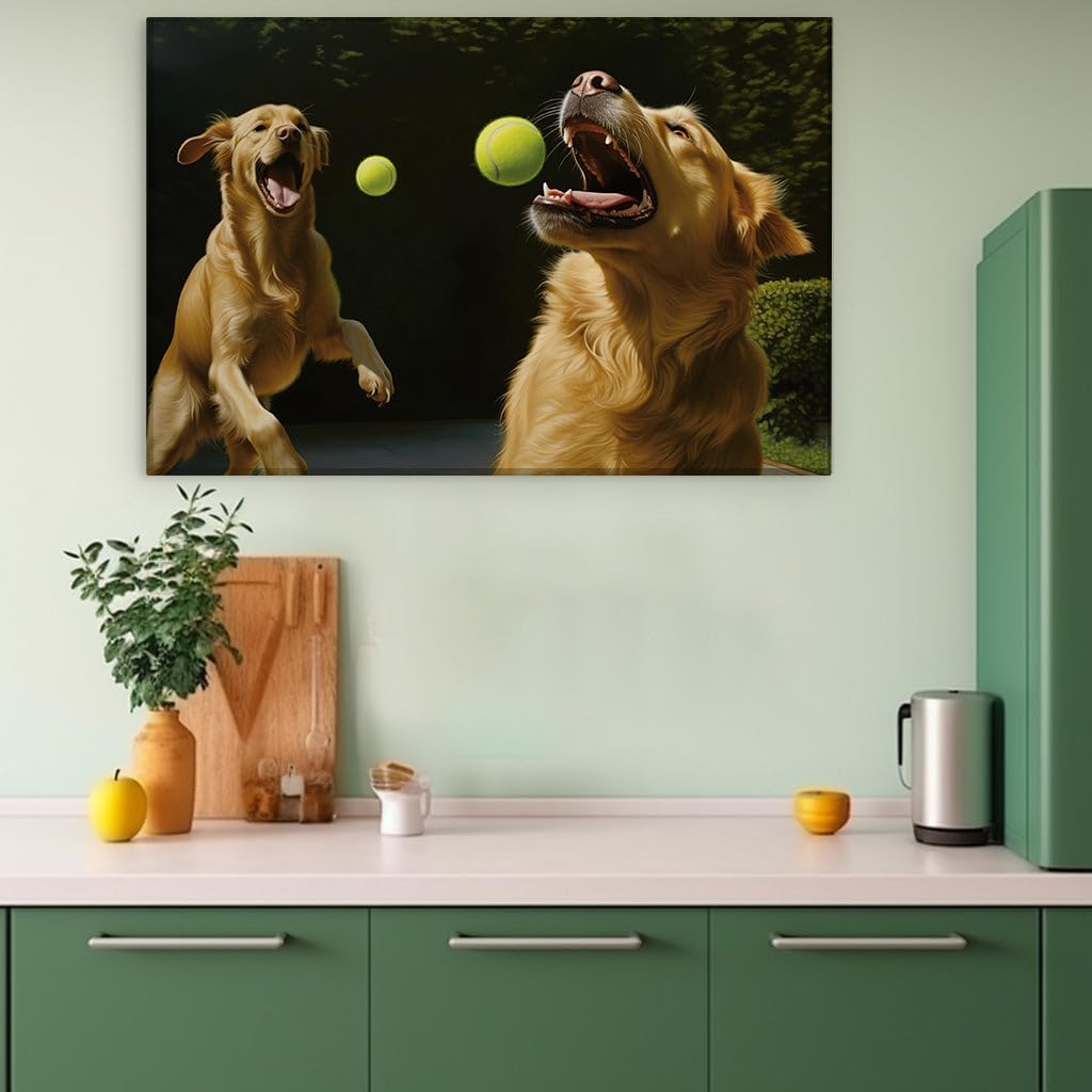 Canvas for Living room. Furry Acrobats in Pursuit: The Joyful Leap for Tennis Balls in Mid-Air, 27 x 18 inch Canvas Wall Art - Ready to Hang