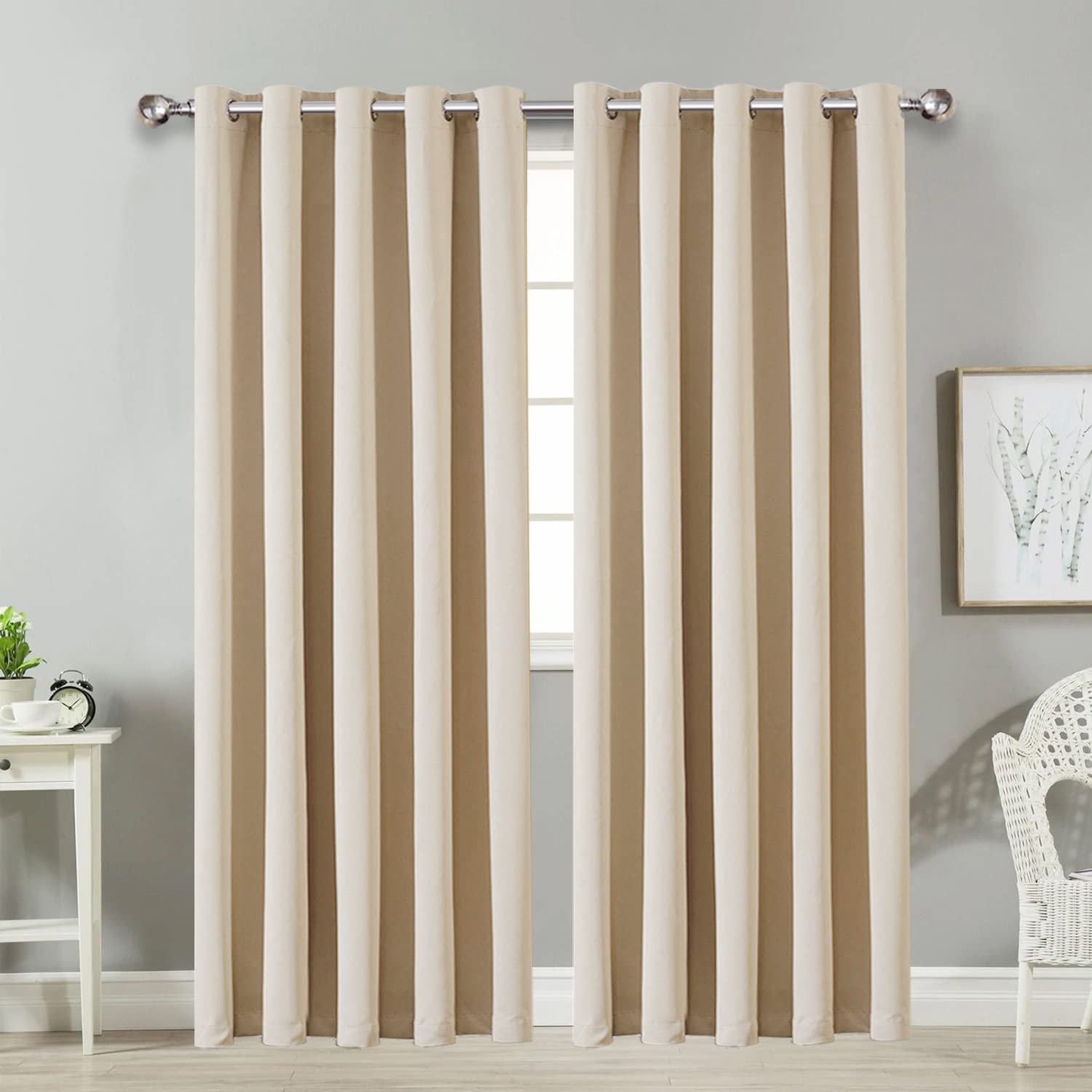 Ameha Cream Blackout Eyelet Curtains For Bedroom Thermal Insulated Curtains 90X90 Inch Drop Room Darkening Black Out Window Curtain With Matching Tiebacks, 2 Panels
