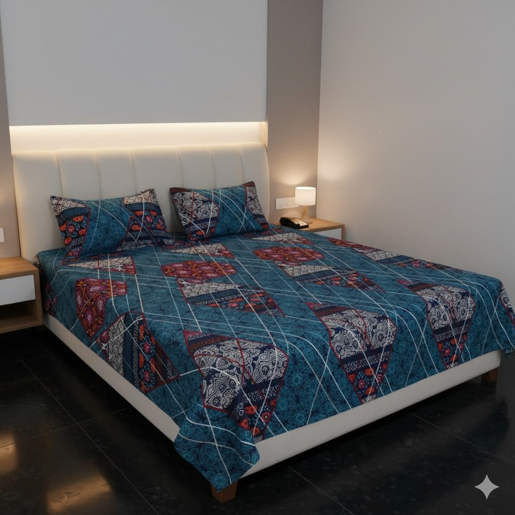 Quilted Bedspread Set with Pillow Covers, Teal Blue, Geometric Patchwork Pattern, Double Bed-image-15