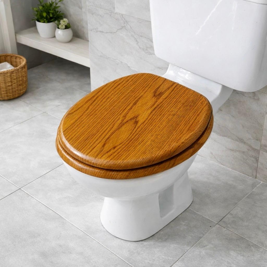 Wooden Toilet Seat with Unique Design 18 Inch MDF Wood Toilet Seat Replacement Bathroom WC Seat Easy to Clean Fixing Included. (Oak)