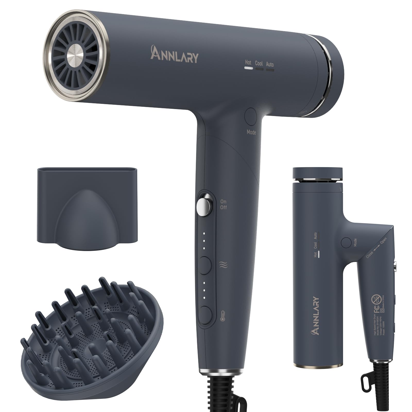 Hair Dryer Blow Dryer with Diffuser for Curly Hair Plasma Ionic Hairdryer for Frizz Control Low Noise Foldable