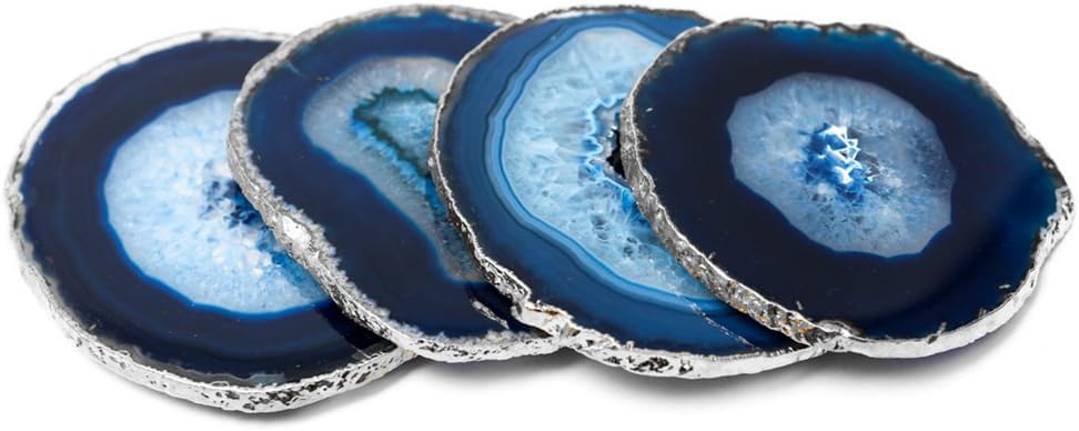 Modern Home Set of 4 Natural Agate Coasters – Sliced Polished Stone Drink Coasters with Metallic Gold or Silver Edge – Unique Bohemian Home Décor Gift
